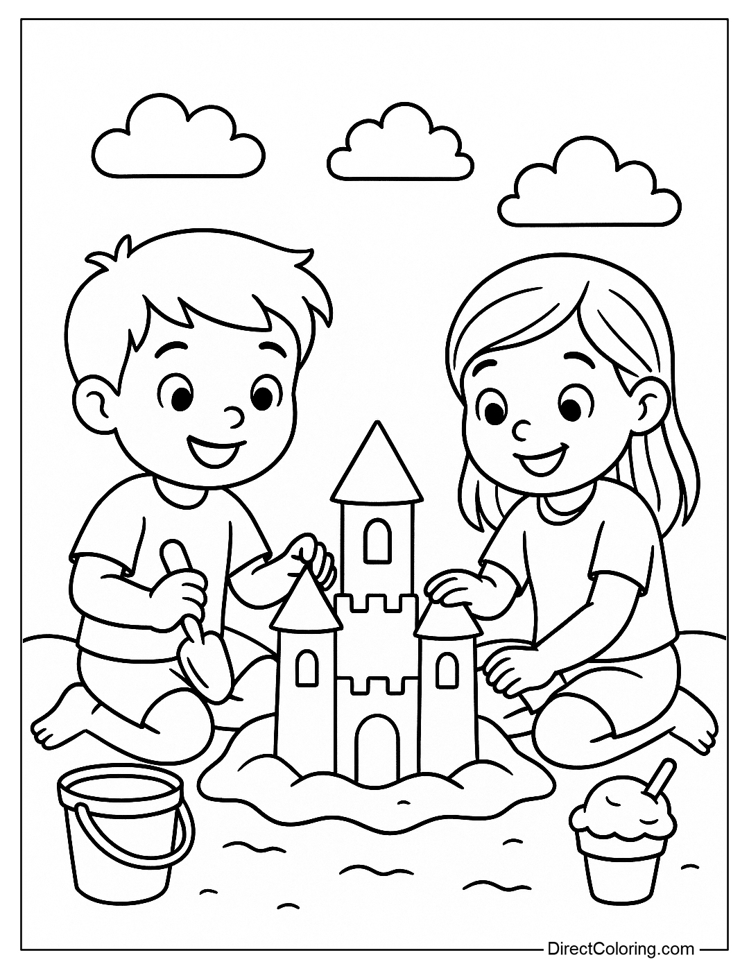 a beach coloring page with a boy and a girl building a sandcastle, with a bucket and a shovel.